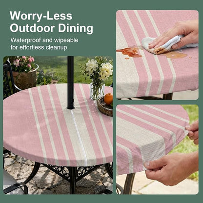 Outdoor Fitted Tablecloth with Umbrella Hole and Zipper, Pink Beige Striped Elastic Round Patio Table Cover, Farmhouse Retro Lines Modern Windproof Table Protector for Backyard BBQ Party 45''-54''