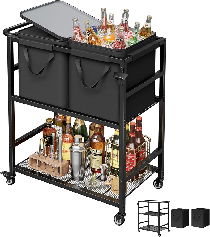 Patio Rolling Cooler Cart, Portable Bar Station for Backyard, Pool & BBQ | Two Detachable Insulated Bags, Four Casters with Two Locks, Side Bottle Opener, 12-Hour Insulation