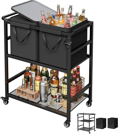 Patio Rolling Cooler Cart, Portable Bar Station for Backyard, Pool & BBQ | Two Detachable Insulated Bags, Four Casters with Two Locks, Side Bottle Opener, 12-Hour Insulation