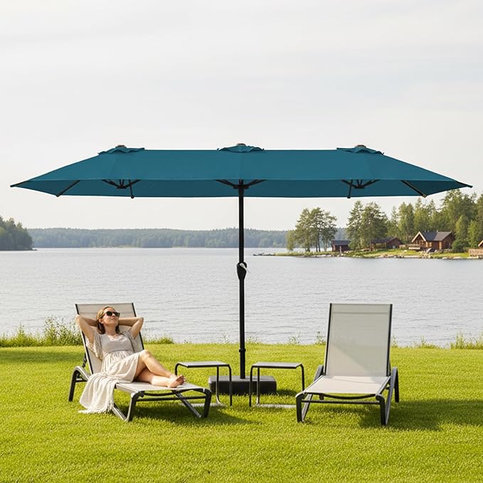 15FT Large Patio Umbrella with Base, Double Sided Rectangular Outdoor Umbrella with Sturdy Fiberglass Ribs, UPF 50+ Sun Protection, Wind-Resistant, Waterproof Fade-Resistant Fabric for Pool, Garden, Backyard, Deck(Lake Blue)