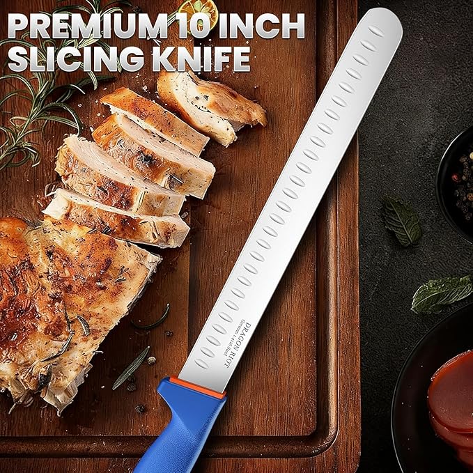 DRAGON RIOT Carving Knife 10 Inch, Brisket Slicing Knife, Ultra Sharp Straight Edge Meat Knife, German 1.4116 Stainless Steel, Professional Slicer for Beef, Turkey & BBQ, Non-Slip Blue Handle