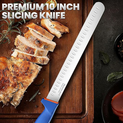 DRAGON RIOT Carving Knife 10 Inch, Brisket Slicing Knife, Ultra Sharp Straight Edge Meat Knife, German 1.4116 Stainless Steel, Professional Slicer for Beef, Turkey & BBQ, Non-Slip Blue Handle