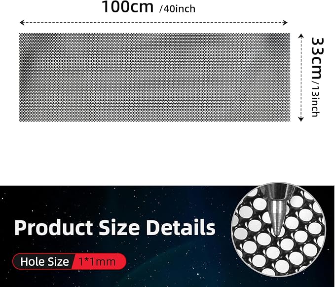 AggAuto Universal 40"x13" Car Grill Mesh 1mm Round Hole Black | PVC Coated Stainless Steel Automotive Grille Insert Bumper, One of the Most Multifunctional Shape Grids 100x33cm