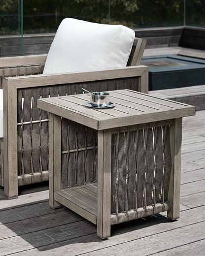 Outdoor Side Table, Aluminum Square Patio Side Table, 2-Tier Rope Weave Outdoor End Table with Adjustable Legs, Never-Rust Patio Table Outside Furniture for Garden, Pool, Beach, Deck, Gray Oak