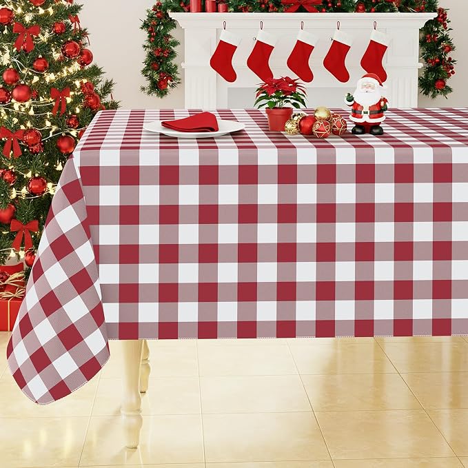 Smiry Picnic Table Cloth, Vinyl Tablecloths with Flannel Backing, 60"x144" | Waterproof Rectangle Table Cloth, Wipeable Buffalo Plaid Table Cover for Indoor and Outdoor (Burgundy & White)