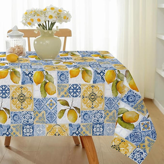 SASTYBALE Summer Lemon Tablecloth Mediterranean Tile Table Cloth, Washable Water Resistant Rectangular Italian Themed Decor Table Cover for Party/Picnic/Indoor/Outdoor (Rectangle, 60" x 102", Blue)