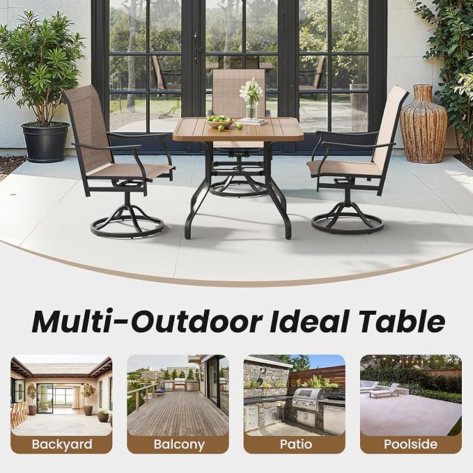 Outdoor Patio Dining Table with 1.57" Umbrella Hole, 35"x35" Wood-Like Texture, All-Weather Metal Frame for Poolside, Deck, Porch