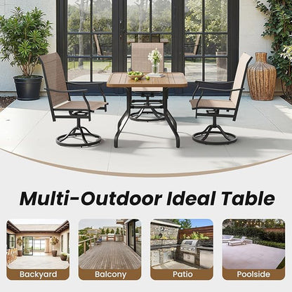 Outdoor Patio Dining Table with 1.57" Umbrella Hole, 35"x35" Wood-Like Texture, All-Weather Metal Frame for Poolside, Deck, Porch