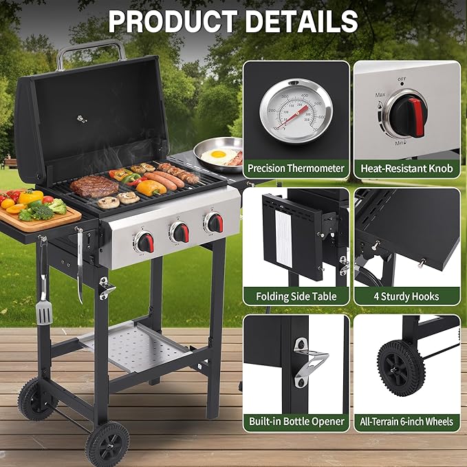 Propane Grill with Folding Side Tables, 3-Burner Gas Grill with Porcelain-Enameled Cast Iron Grates and Stainless Steel Grill Pan, 30,000 BTU BBQ Grill with Wheels for Outdoor Cooking