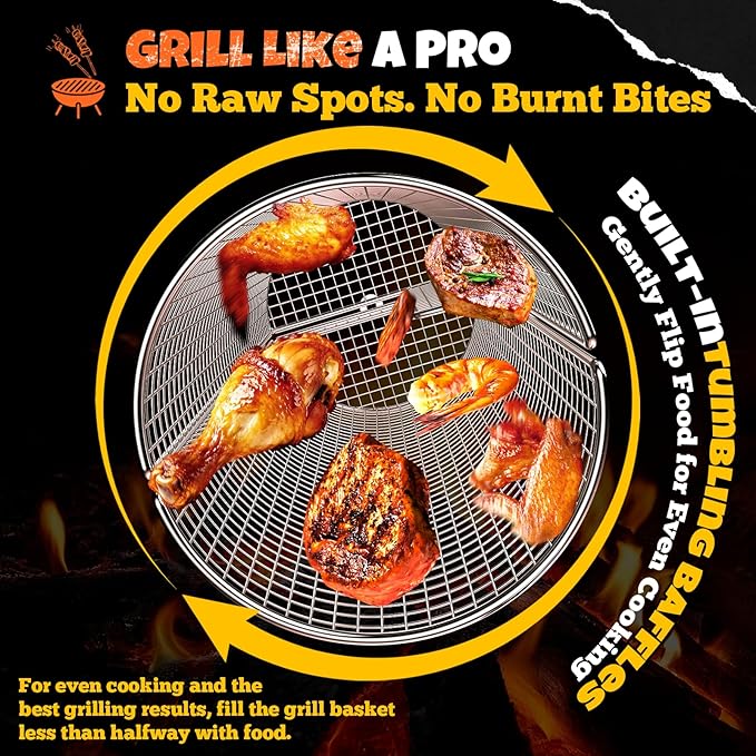 2-in-1 Rotatable Rolling Grill Basket, 304 Stainless Steel, with Removable Wooden Dual Handles & Rotating Stand, BBQ Accessories Tools for Vegetables Shrimp, Gifts for Birthday/Men/Dad/Husband