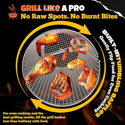 2-in-1 Rotatable Rolling Grill Basket, 304 Stainless Steel, with Removable Wooden Dual Handles & Rotating Stand, BBQ Accessories Tools for Vegetables Shrimp, Gifts for Birthday/Men/Dad/Husband