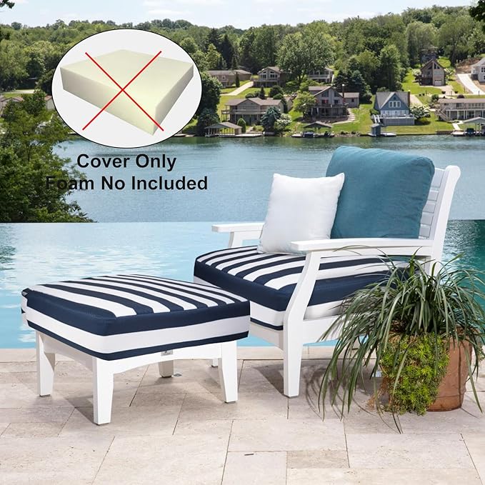 NettyPro Outdoor Cushion Covers Set 4 Water Repellent UV Resistant Patio Chair Seat Cushion Slipcover with Zipper and Tie, 22 x 20 x 4 Inch, Stripes Black and White