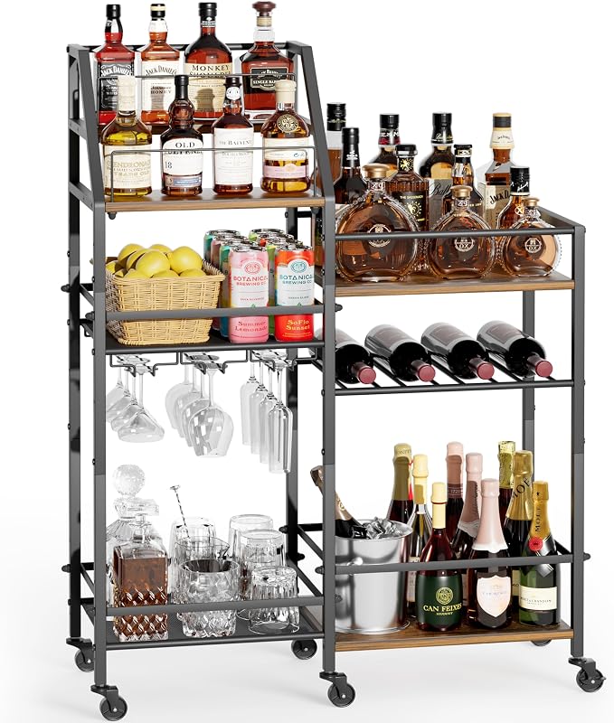 VINAEMO Rolling Bar Cart with Wine Glass Holder, Bar Carts for The Home, Bar Stand for Home, Small Mini Bar for Whiskey Wine, Liquor Cart for Home Bar, Alcohol Cabinet for Bar, Kitchen, Dining Room