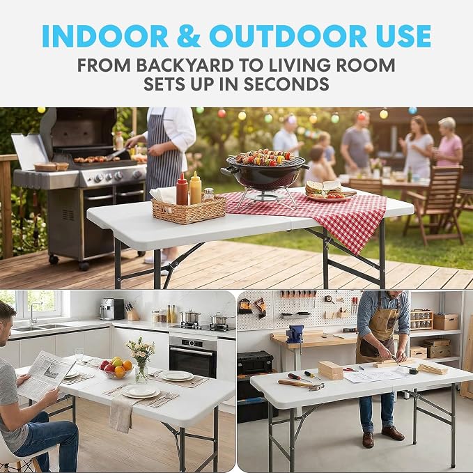 SIMPLI-MAGIC 4ft Plastic Folding Table, Indoor Outdoor Heavy Duty Portable/Handle, Lock for Picnic, Party, Camping - White