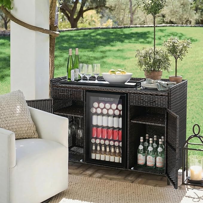 RUNNA 53.5" W Outdoor Wicker Storage Cabinet with Fridge Space,Weatherproof Outdoor Mini Fridge Bar Cabinet with Adjustable Shelves & Drawers for Pool Towel Storage,Garden,Kitchen (Black+Brown#64)