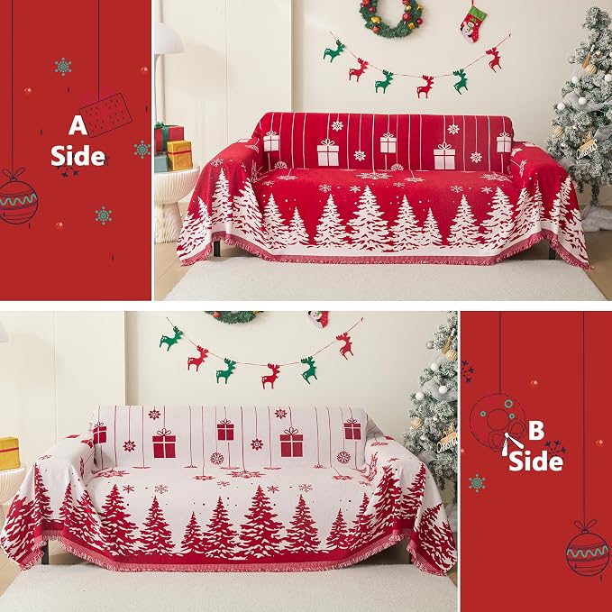 MEETSKY Christmas Couch Cover for Sectional Sofa, Chenille Loveseat Red Sofa Covers Washable for Pet Friendly Cedar Decorative Couch Covers, 71" x 102"