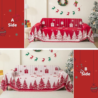 MEETSKY Christmas Couch Cover for Sectional Sofa, Chenille Loveseat Red Sofa Covers Washable for Pet Friendly Cedar Decorative Couch Covers, 71" x 102"