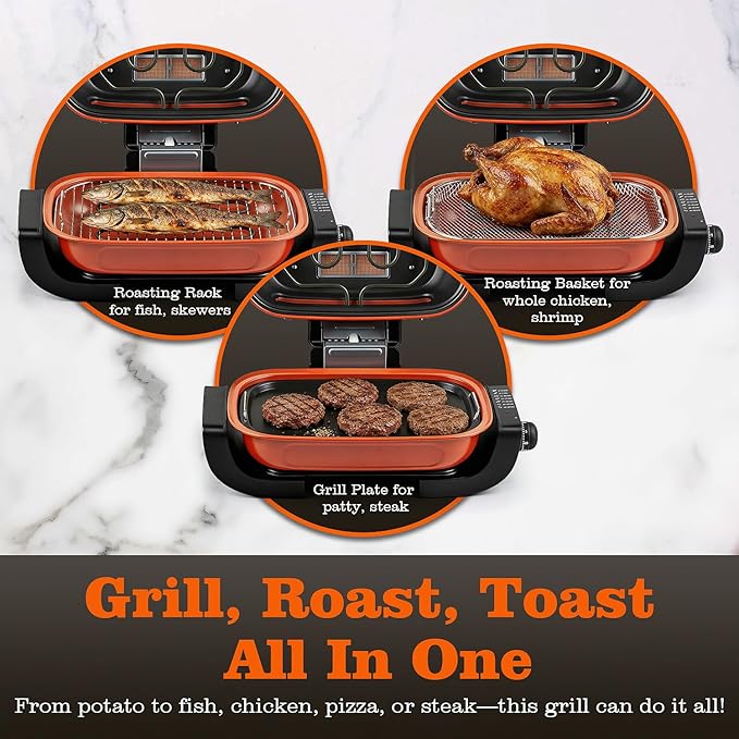 Electric Grill, Techwood 3-in-1 Indoor Grill, Odor-Free 3-Layer Filter Korean BBQ Grill, Timer Control Knob, Double Sided Heating, Roast, Toast, Grill & More for Parties & Everyday Meals, 1300W