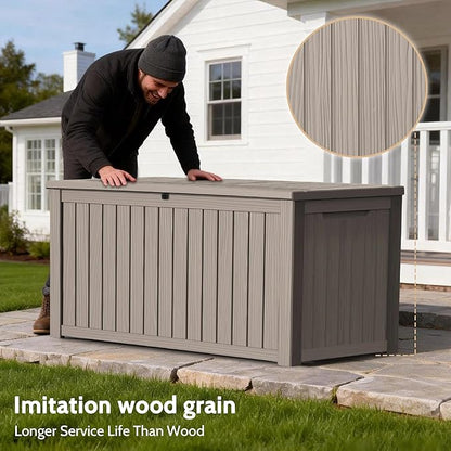 PatioZen 200 Gallon Deck Box, Outdoor Storage Box, Outdoor Storage Box for Cushions, Garden Tools, Furniture Storage,Waterproof, Lockable and Resin,Grey