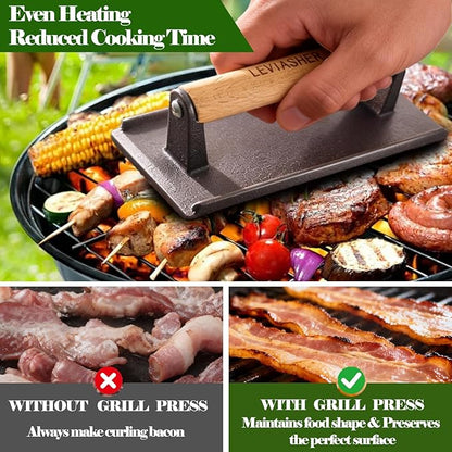 2Pack 2.1lb Steak Weight & Burger Press, Grid Base, 7"X4" Rectangle Heavy Duty Cast Iron Grill Press with Wood Handle for Blackstone, Chef, Camp, Panini, Vegetable, Bacon, Sandwich, BBQ