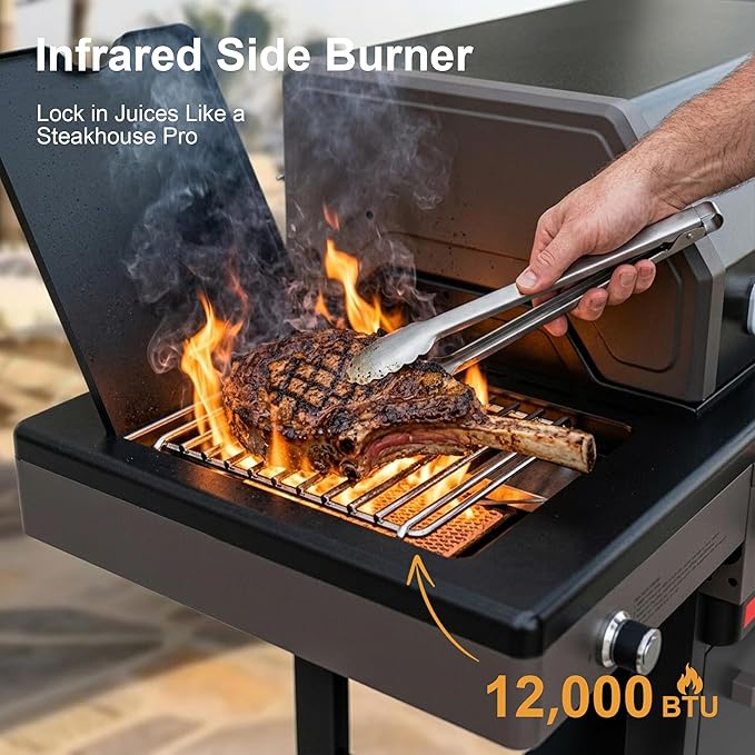 Brand-Man 4 Burner Propane Gas Grill with Infrared Side Burner, 52,000 BTU Total BBQ Grill with Porcelain-Enameled Cast Iron Diamond-Pattern Grates & Griddle for Outdoor Barbecue Grilling