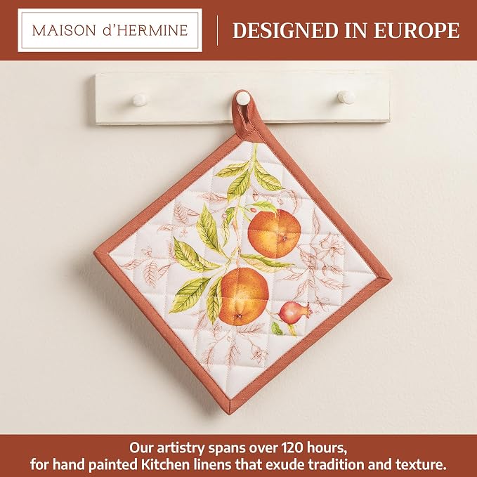 Maison d' Hermine Pot Holders 100% Cotton Potholders (8" x 8", Pack of 1) | Heat Resistant Hot Pads with Loop BBQ Cooking Baking Hotel Kitchen Handling Hot Pans Thanksgiving Christmas - Vintage Harvest