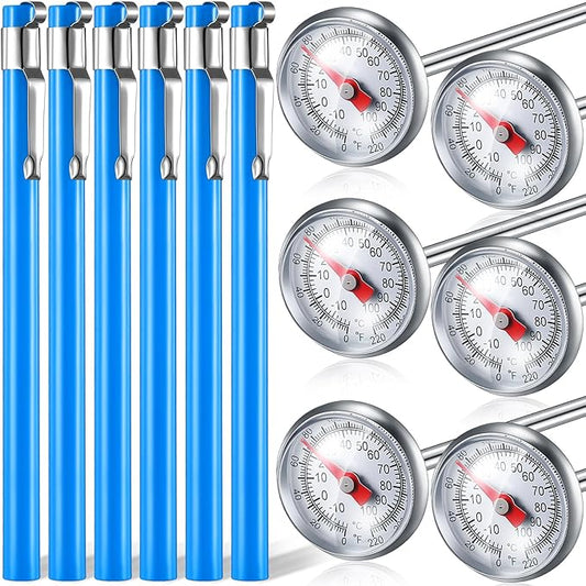 Xuhal 6 Pcs Stainless Steel Kitchen Thermometer with 5 Inch Long Stem 1 Inch Dial Thermometer Milk Frothing Food for Oven Probe Meat Grill BBQ Cooking Chocolate Water(Blue)