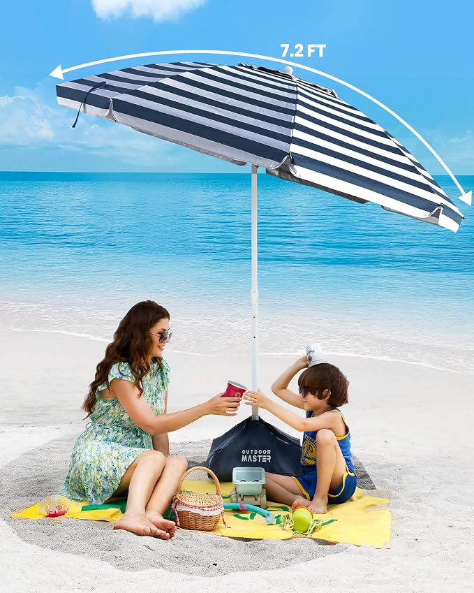 OutdoorMaster 7.2ft Beach Umbrellas for Sand with Sandbag & Anchor | 7.2ft Adjustable Umbrella for Beach, Wind Resistant, Portable UPF50+ Sunshade with Carry Bag for Patio