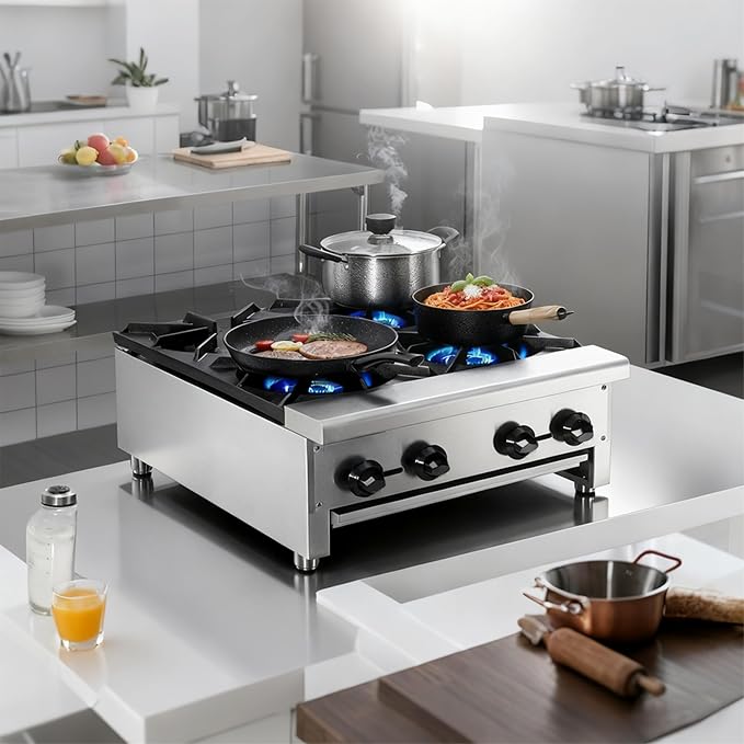 Commercial 4-Burner Stove, Natural Gas Propane-Ready Countertop Range, Stainless Steel Hot Plate, 112,000 BTU Restaurant Kitchen Cooktop, Independent Controls, Removable Drip Tray, Cast Iron Grates