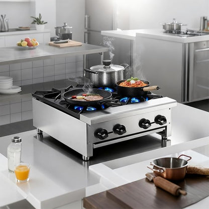 Commercial 4-Burner Stove, Natural Gas Propane-Ready Countertop Range, Stainless Steel Hot Plate, 112,000 BTU Restaurant Kitchen Cooktop, Independent Controls, Removable Drip Tray, Cast Iron Grates