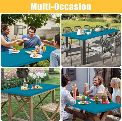 Rectangle Table Cloth, Waterproof Elastic Fitted Tablecloth for 8 Foot Folding Tables, Washable Polyester Tablecloths for Picnic, Camping, Outdoor (Teal, 30"x96")
