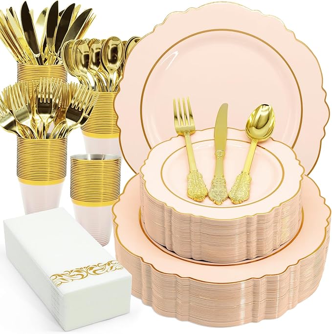 AIRE 350PCS Pink Gold Plastic Plates for Party, Dinnerware Sets for 50 Guests, Disposable Plastic Party Supplies Plates Cups Spoons Forks Knives Napkins for Wedding Birthday Baby Shower BBQ Parties