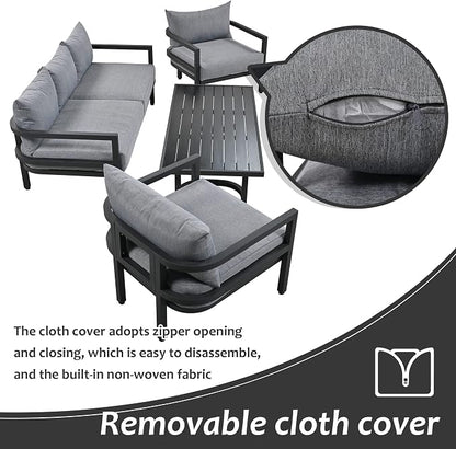 4-Piece Outdoor Steel Sofa Set, All Weather Patio Conversation Set with 1 Love Sofa, 2 Single Sofa and Coffee Table, Waterproof Cushions, Suitable for Backyard Poolside Gardens (Light Grey-Z)