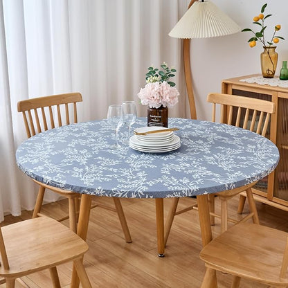 LIBERECOO Round Fitted Tablecloth with Elastic, Flannel Backed Vinyl Tablecloths for 40" - 44" Tables, Waterproof Wipeable Reusable Plastic Table Cloth for Indoor & Outdoor, Light Wash Denim