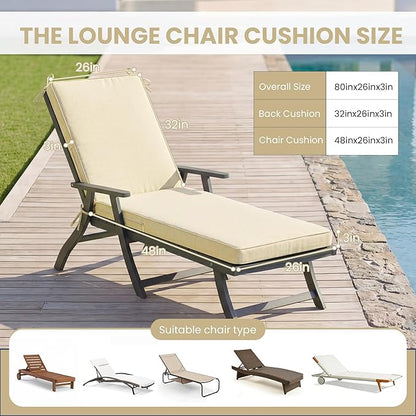 Chaise Lounge Cushions Outdoor, 80 x 26 Inch Water & Fade-Resistant Patio Furniture Lounge Cushion, Beach Umbrella Lounger Chair Replacement Cushion with Removable Cover Pad, Beige