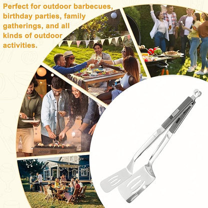 M METERXITY Spatula Tongs, 13.4 Inch 304 Stainless Steel Anti-Scald Extended Multifunctional Flipper Grill Clamp for Cooking/Barbecue, Kitchen Cooking Tongs [Gray Handle, Silver Tone]