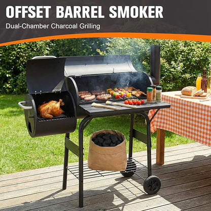 Offset Smoker Charcoal Grill 192 Sq. In. Cooking Space Extra Large Smoker Grills All Metal Steel Warming Rack for Patio Picnics Camping Backyard Cooking
