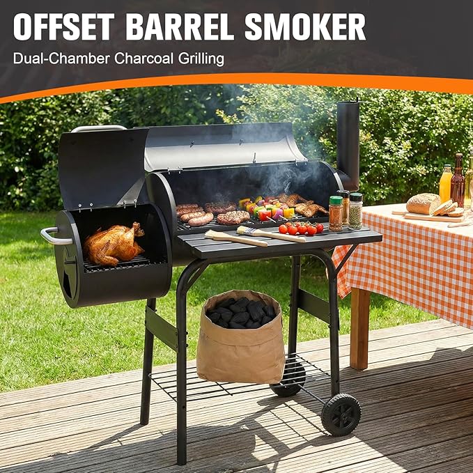 All Metal Steel Warming Rack 192 Sq. In. Cooking Space Spacious Barrel Charcoal BBQ Grill for Patio Picnics Camping Backyard Cooking