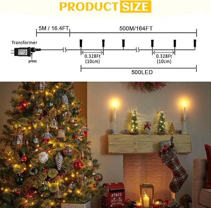 kemooie 500 LED Christmas Lights, 164FT 8 Lighting Mode with Memory Plug in Waterproof Christmas Lights Outdoor, for Birthday Christmas Tree Wedding Party Garden Balcony Decorations (Warm White)