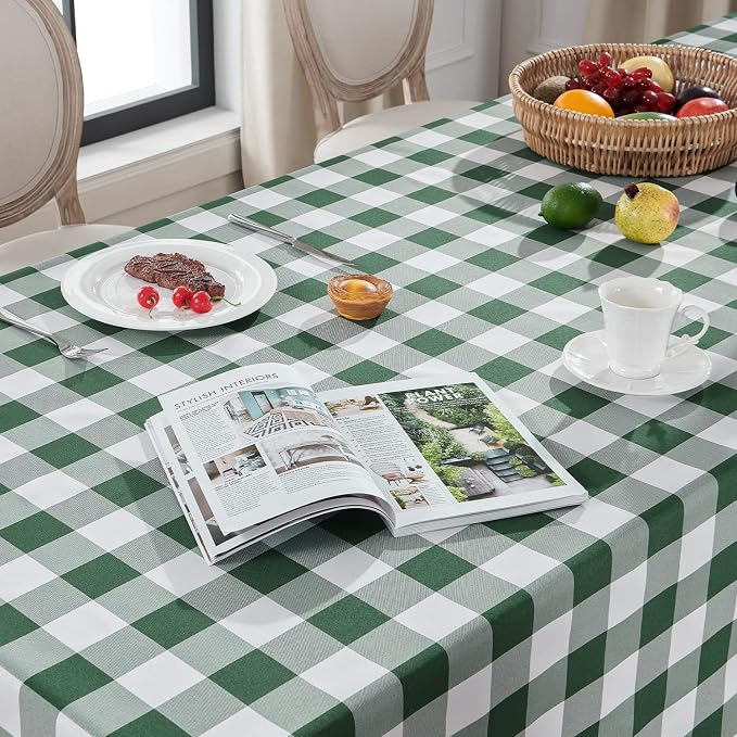 Softalker Spring Checkered Tablecloth Rectangle - Outdoor Waterproof Buffalo Plaid Table Cloth, Stain Resistant Gingham Table Cover for Picnic, Camping, Easter - Hunter Green and White, 54 x 120 Inch