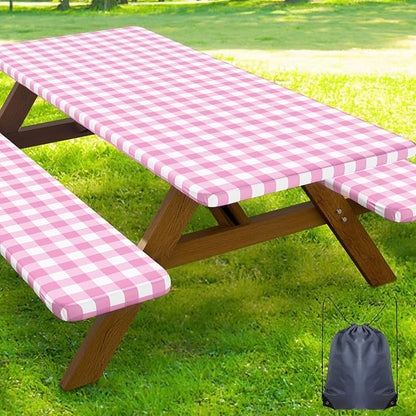 Smiry Picnic Table Cover with Bench Covers, Waterproof Elastic Fitted Tablecloths for 5 Foot Rectangle Tables, Washable Buffalo Plaid Tablecloth for Camping, Outdoor (Pink & White, 30"x60")
