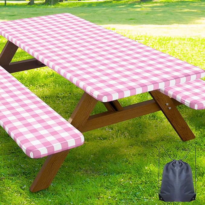 Smiry Picnic Table Cover with Bench Covers, Waterproof Elastic Fitted Tablecloths for 8 Foot Rectangle Tables, Washable Buffalo Plaid Tablecloth for Camping, Outdoor (Pink & White, 30"x96")