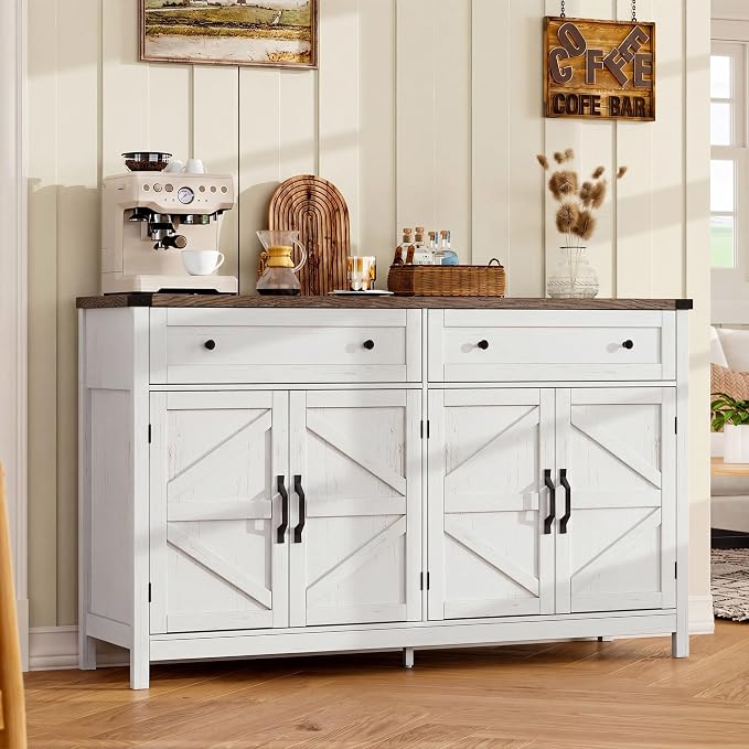 ChooChoo 55" W Coffee Bar Cabinet, Kitchen Storage Cabinet with 2 Drawers | Farmhouse Sideboard Buffet Cabinet, Adjustable Shelf & 4 Doors, Rustic White