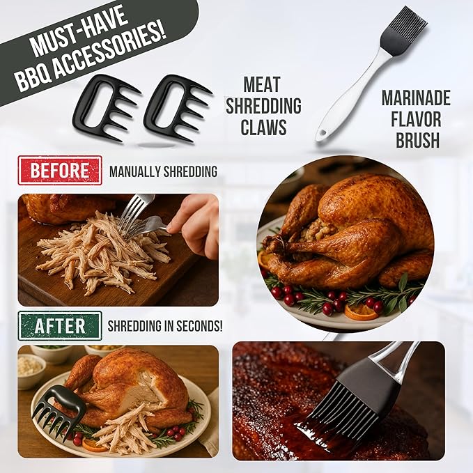 Professional Meat Injector Marinade Syringe Kit for Smoking & Grilling Turkey, Brisket & BBQ, Large 2 Oz Stainless Steel Visible Capacity, Never Leaks or Clogs + Meat Shredding Claws & Flavor Brush