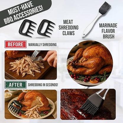 Professional Meat Injector Marinade Syringe Kit for Smoking & Grilling Turkey, Brisket & BBQ, Large 2 Oz Stainless Steel Visible Capacity, Never Leaks or Clogs + Meat Shredding Claws & Flavor Brush
