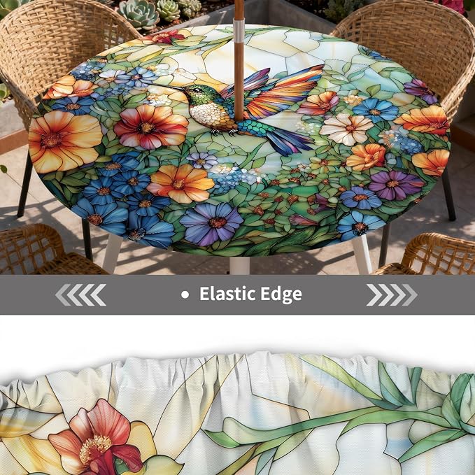 Outdoor Tablecloth with Umbrella Hole and Zipper Fits 61-65" Tables | Waterproof Round Fitted Tablecloth with Elastic Edge, Wipeable Outdoor Table Cover for Patio, Garden, Picnic