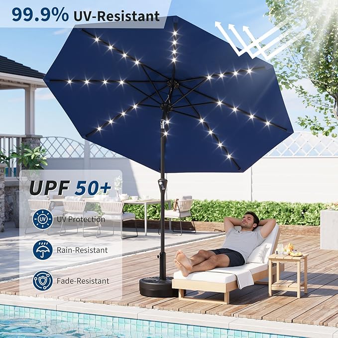 Garvee 10FT Solar Patio Umbrella with 32 LED Lights - Outdoor Table Umbrella with Crank Lift, Push Button Tilt and 8 Sturdy Ribs - Market Umbrella UV Protection for Pool, Deck, Yard, Garden -Navy Blue