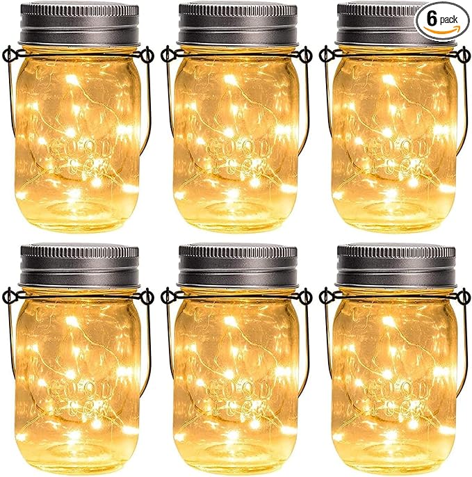 GIGALUMI Hanging Mason Jar Solar Lights, 6 Pack 30 Led Hanging Solar Lanterns Outdoor Waterproof, Hangers and Jars Included, Outdoor Decor for Balcony, Garden, Patio, Yard, Wedding