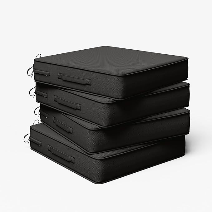 Outdoor Chair Cushion 24 x 24 x 5 Inches Patio Furniture Outdoor Waterproof Seat Cushion, Patio Chair Cushion with Handles and Ties, Square Dining Chair Cushion Set of 4, Black