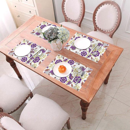 Boho Floral Placemats Set of 4 Linen Flower Decorative Place Mats | Washable Non-Slip Heat-Resistant Purple Kitchen Table Mats for Dining Outdoor Party Home Decor 12x18 Inch